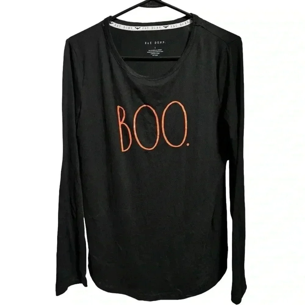 Rae Dunn Boo Halloween Long Sleeve Black Tee Size Small